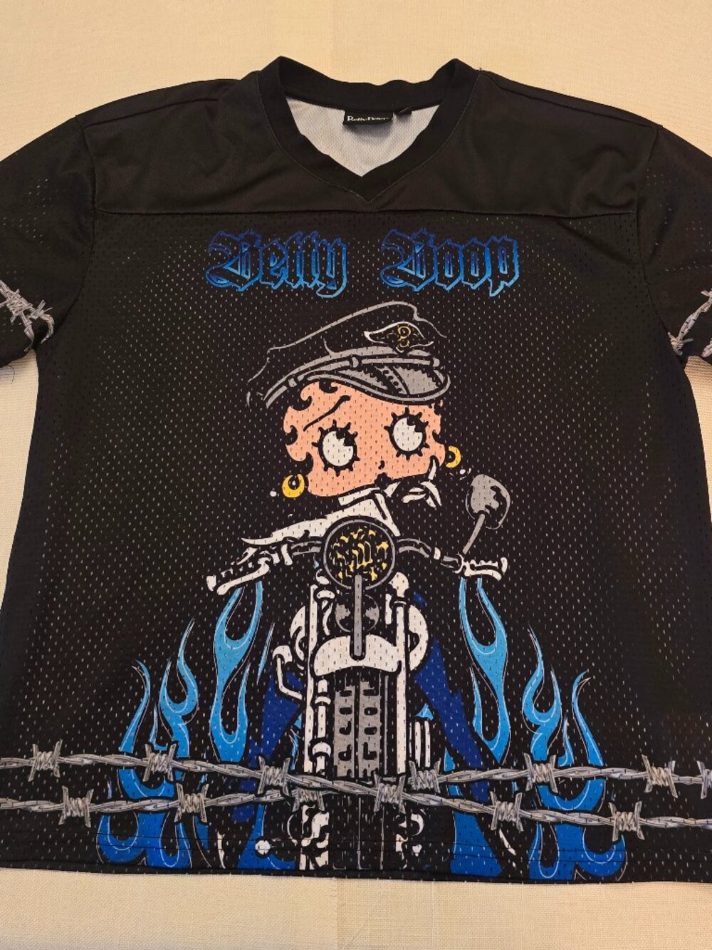 Betty Boop biker mesh jersey blue flames barbwire
